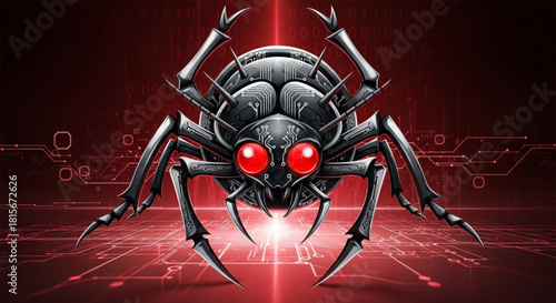 A menacing black cyber spider with glowing red eyes stands on a dark red circuit board background, symbolizing digital threat