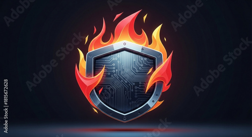 A fiery digital security shield, symbolizing robust protection, data defense, and firewall against cyber threats
