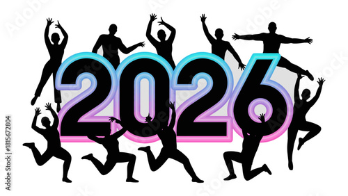 2026: A symbolic representation of new beginnings, the year 2026 is boldly displayed as silhouetted figures exuberantly celebrate around it, representing hope and dynamism.