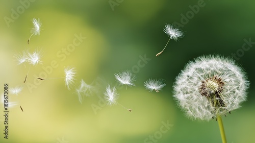 dandelion. Dandelion seeds dispersing on the wind against a soft green background. gardening catalogs, home-decor guides, designed for home decor and floral branding, used by bi analysts.