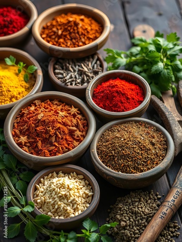 Spices and herbs in rustic bowls, representing global culinary traditions,  ingredient, spice