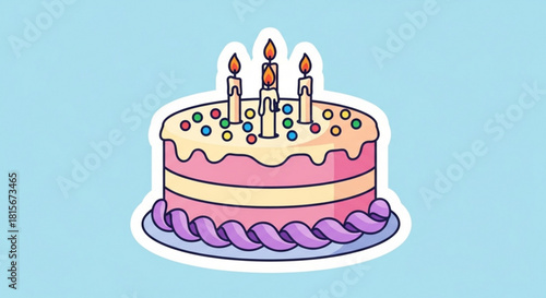 A vibrant and festive cartoon birthday cake, adorned with colorful sprinkles and lit candles, perfect for celebrations and happy occasions