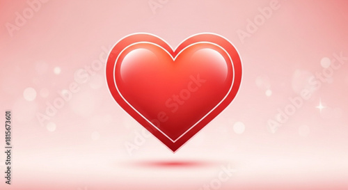 Vibrant glossy red heart icon on a soft pink background with subtle bokeh lights, representing love, romance, and passion