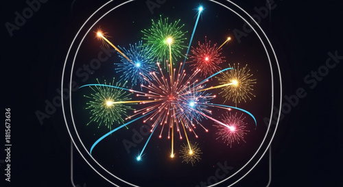 Vibrant fireworks display exploding in a circular frame against a dark night sky, celebrating a festive occasion or new year