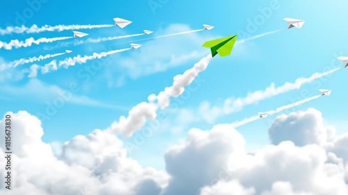 Green paper plane flying in blue sky

