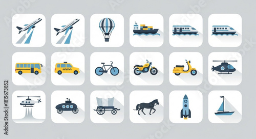 Flat design transportation icons set featuring various modes of travel including air, land, and sea vehicles on white squares