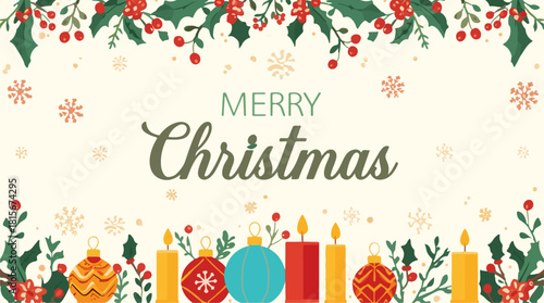 Vector template of a Christmas decoration banner featuring a flat design style with a festive holiday theme, incorporating vibrant colors and bold shapes