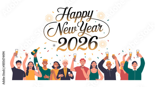 Cheers to the Future: A vibrant illustration for the year 2026, capturing a spirited New Year celebration among a diverse group of friends, all raising glasses in toast.