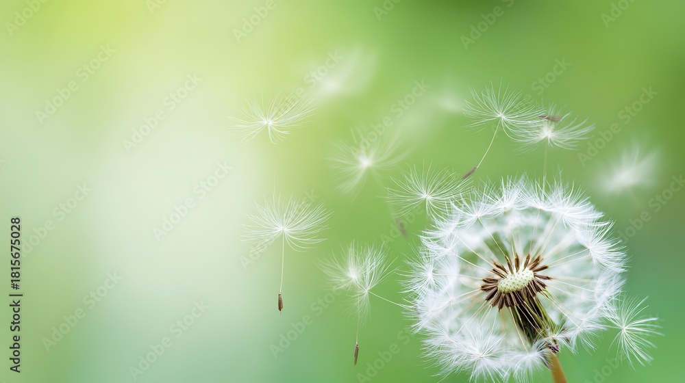 Fototapeta premium dandelion. Dandelion seeds dispersing on the wind against a soft green background. gardening catalogs, home-decor guides, designed for home decor and floral branding, used by bi analysts.