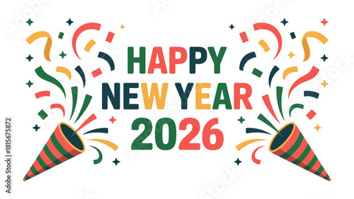 A Festive Greeting for the New Year 2026: An illustrated display of the New Year's spirit, the image features festive elements like party crackers and celebratory confetti.