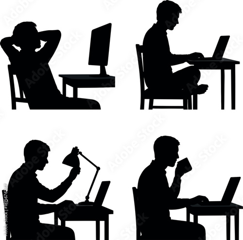 Work-from-home person at desk silhouette Four black silhouettes of men working and relaxing at desks with computers and lamps