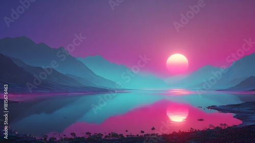 Serene mountain landscape reflects vivid neon sunset colors upon a calm body of water