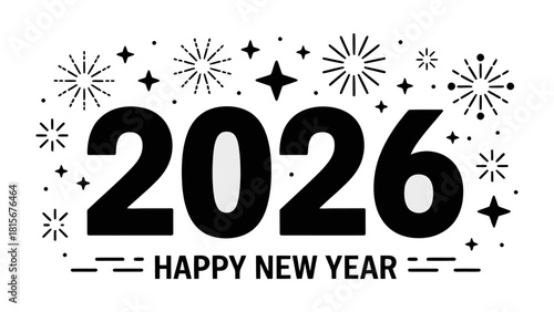 New Year's Eve Celebration 2026: An elegant typographic composition, the year 2026 takes center stage, framed by celebratory fireworks and the welcoming message of Happy New Year.