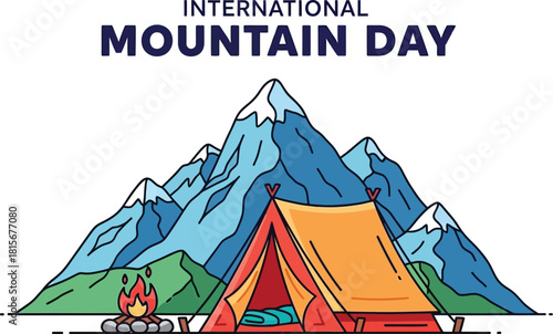 International Mountain Day with Camping Tent, Campfire, and Snowy Peaks