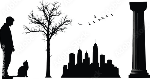 Black silhouette collage, tree, cat, person, flying birds, city skyline, classical column, nature and urban contrast, minimal design, symbolic scene