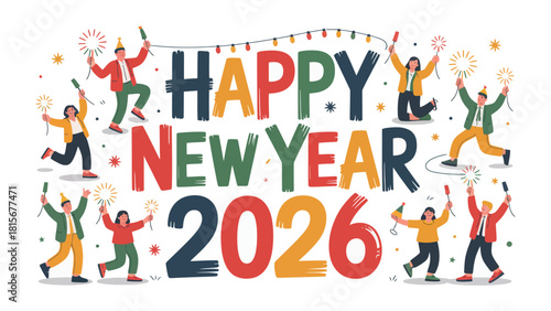 Celebration of New Year 2026: A vibrant and colorful design that captures the joyful spirit of the New Year, with figures celebrating.