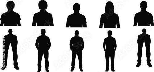 Black silhouette figures, diverse postures, upper and full body, hairstyle variety, minimal design, character icons, fashion concept, avatar shapes, human form