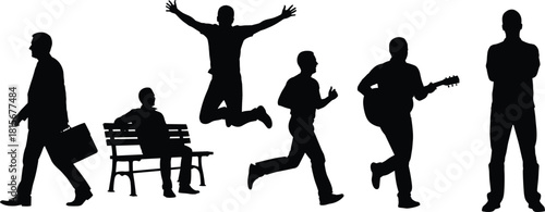 Black silhouette figures, walking, sitting, jumping, running, guitar playing, stylish poses, minimal design, human activity, posture study, white background