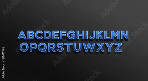 Blue Neon Alphabet Letters on Dark Background.