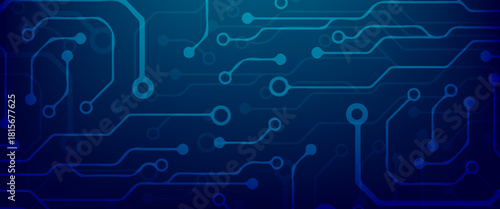 Technology connected blue lines with electronics elements on tech bg. Abstract AI circuit board background. Digital vector illustration. Computer motherboard with a chip, processor, and semiconductor.