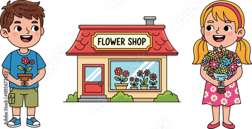 Cartoon flower shop, cheerful kids, bouquet, potted plants, nature scene, colorful storefront, gifting flowers, happy children, spring vibes, blooming garden