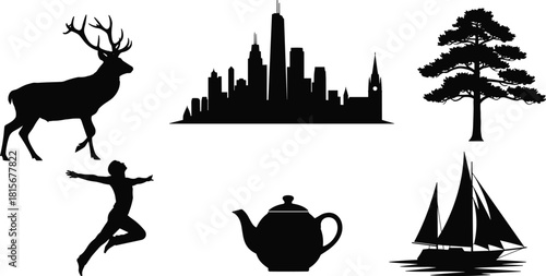 Silhouette collection featuring deer, city skyline, tree, jumping person, teapot, and sailboat elements, versatile design assets for creative projects