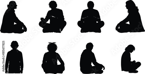 Silhouette collection of people sitting and meditating, multiple poses, diverse human outlines, peaceful mindfulness figures for design and illustration projects