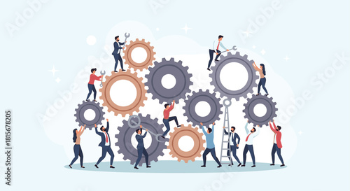 Innovative team members working together to build business success with gears and cogs for collaboration and teamwork concept for startups