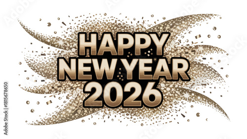 New Year 2026: A festive graphic design celebrates the arrival of 2026 with an elegant gold color scheme and sprinkling sparkles