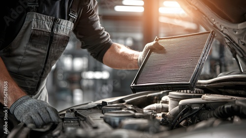 Skilled mechanic removes dirty air filter from vehicle engine bay during service