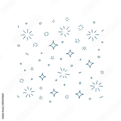 Whimsical handdrawn stars and sparkles in a scattered pattern, creating a light and festive background or design element, perfect for celebrations and decorative projects, isolated on