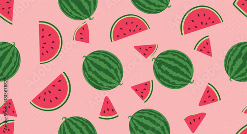 Fun and fresh seamless summer pattern of whole watermelons and juicy slices scattered on a bright pink dotted background.