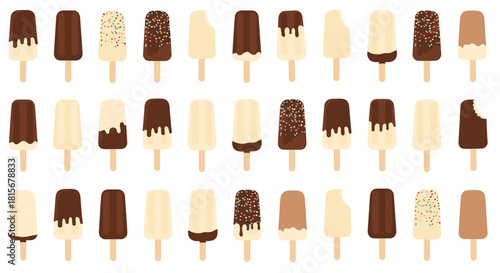 Large collection of various chocolate and vanilla ice cream bars on a stick, some with sprinkles and chocolate drizzle coatings.