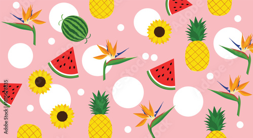 Vibrant seamless summer pattern with tropical fruits and flowers like pineapples, watermelons, and sunflowers on a pink background.