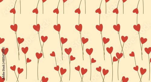 Simple and romantic seamless pattern of red heart-shaped flowers on thin stems against a warm, light beige background.