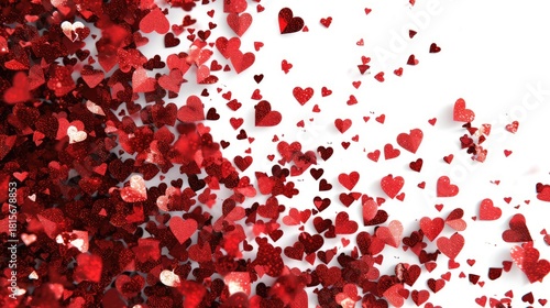 Scattering of red glitter hearts on a white background for Valentines Day.