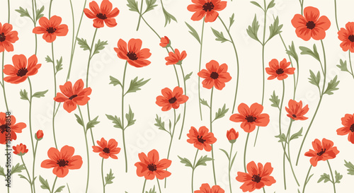 Beautiful seamless floral pattern of vibrant red poppy flowers with green stems and leaves on a light cream-colored background.