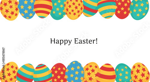 Happy Easter greeting card with a top and bottom border of colorful, patterned Easter eggs on a clean white background.