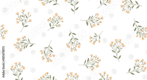 Delicate and gentle seamless pattern of small beige wildflowers with green stems on a white background with subtle gray dots.
