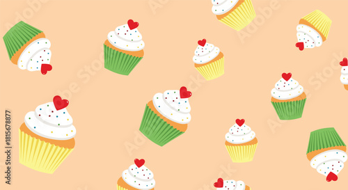 Sweet seamless pattern of delicious cupcakes with white frosting, colorful sprinkles, and a red heart on top, on a peach background.