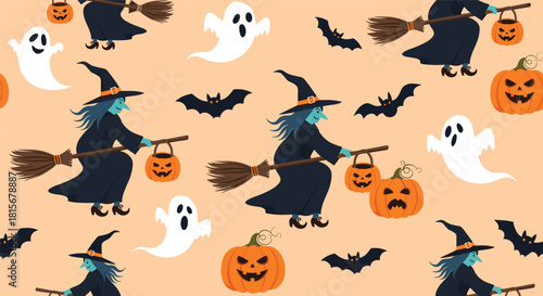 Festive seamless Halloween pattern with witches on broomsticks, ghosts, bats, and jack-o'-lanterns on a light orange background.