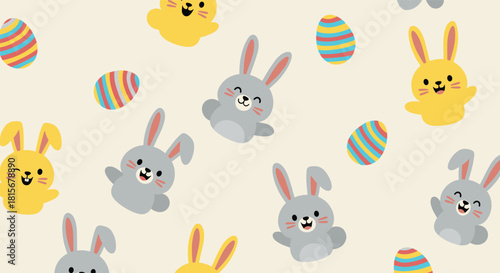 Joyful and cute seamless Easter pattern with happy gray and yellow cartoon bunnies and colorful striped eggs on a beige background.