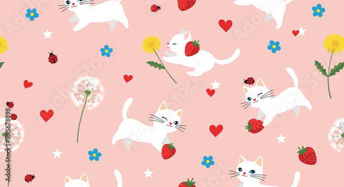 Charming seamless pattern of cute white cats playing with strawberries and dandelions, with hearts and ladybugs on a pink background.
