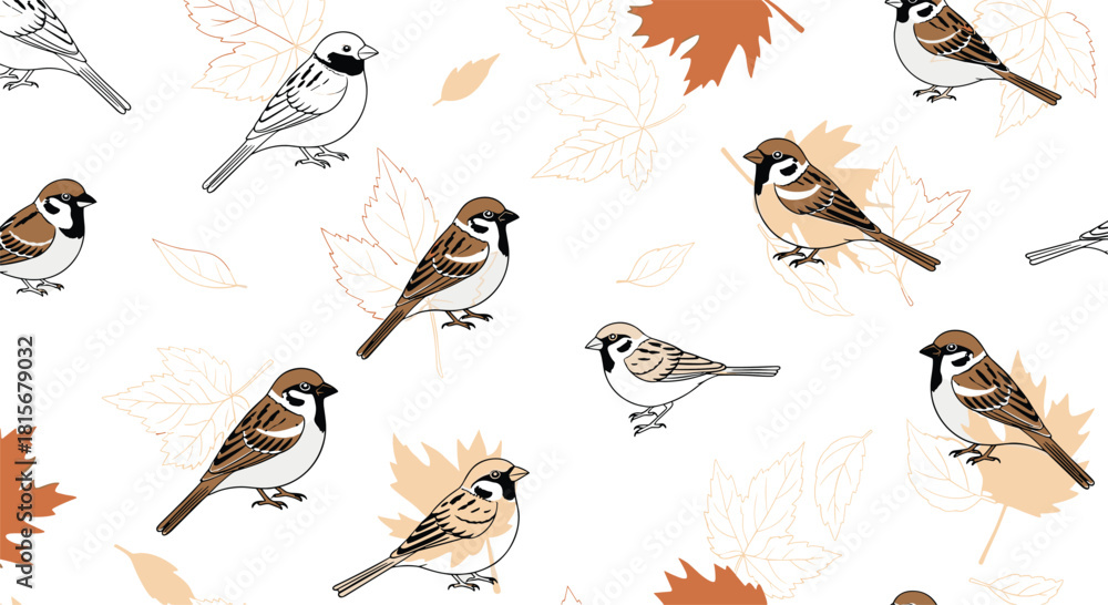 Fototapeta premium Realistic and artistic seamless pattern of sparrow birds perched among sketched and solid autumn maple leaves on a white background.