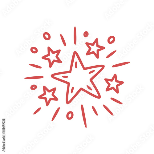 A handdrawn style red starburst icon with multiple radiating stars and lines, symbolizing celebration, success, or a special event, isolated on