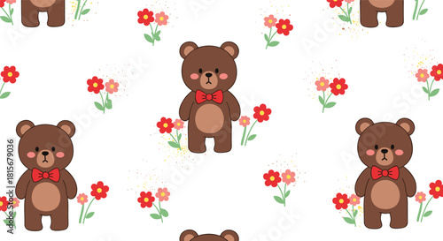 Adorable seamless pattern of cute brown teddy bears with red bow ties standing among simple red flowers on a white background.