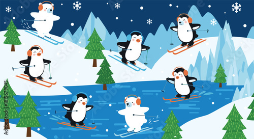 Fun winter scene illustration with cute cartoon penguins and a polar bear skiing and ice skating in a snowy mountain landscape.