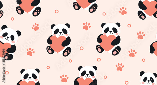 Cute and lovely seamless pattern of cartoon panda bears holding pink hearts, with paw prints and circles on a peach background.