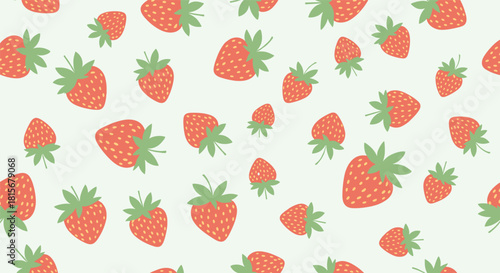 Simple and cute seamless pattern of scattered red strawberries with green tops on a pale mint green or light blue background.