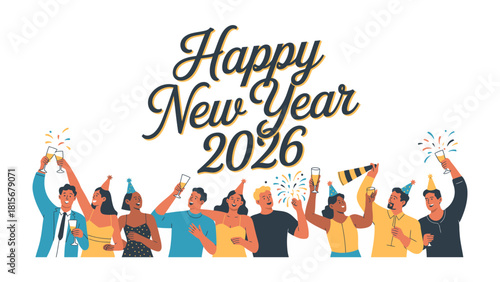 New Year Celebration in 2026: Festive graphic illustration depicting a vibrant New Year's Eve gathering with joyous individuals. A colorful celebration of the incoming year.